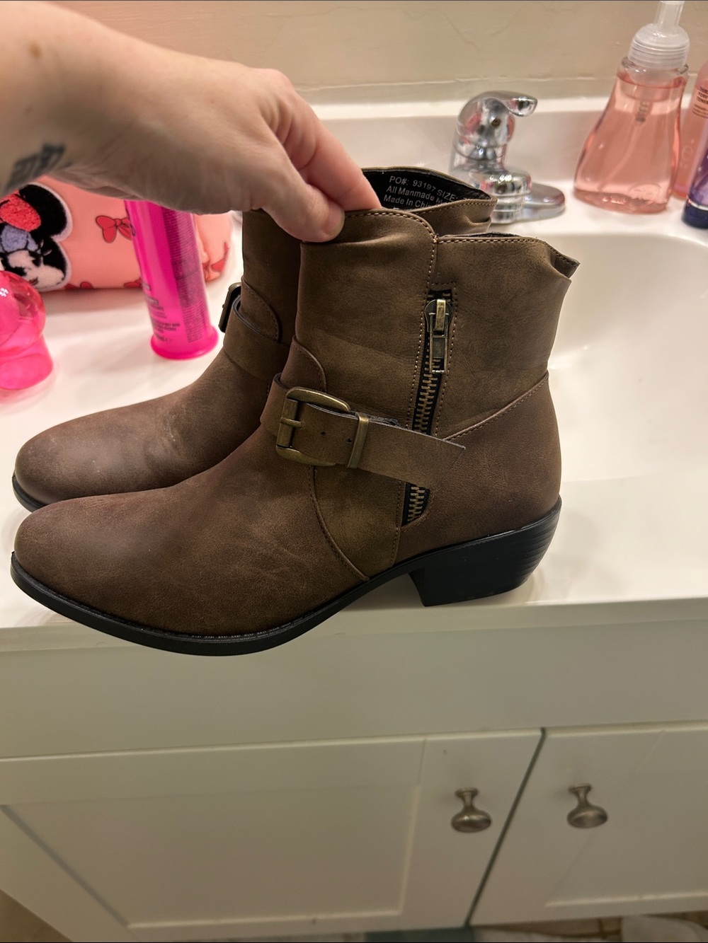 Women’s Brown Ankle Boots with Side Buckle and Zip